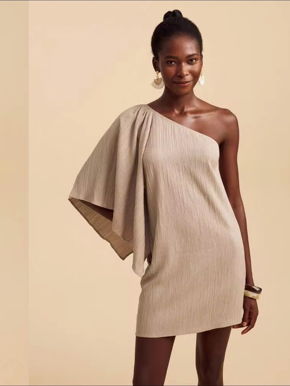 SHEIN One-Shoulder Draped Mini Dress in Light Taupe